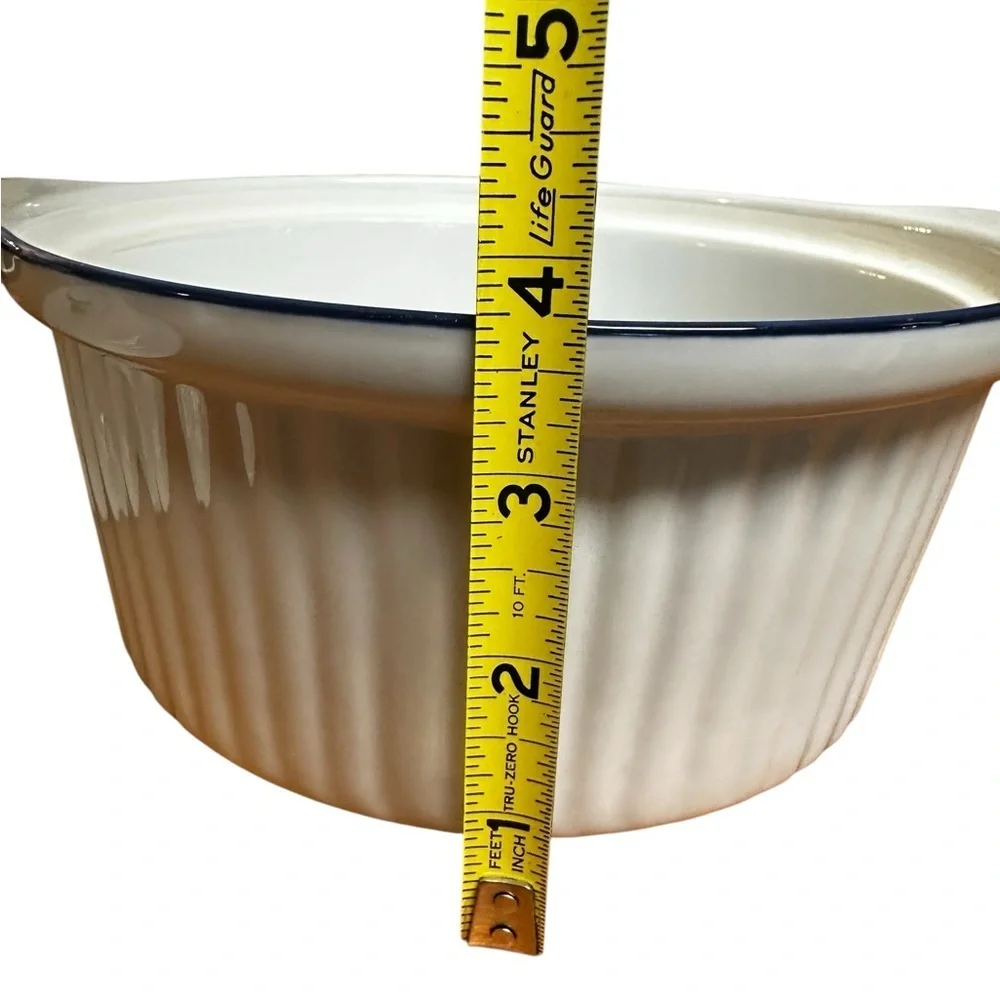 BIA Blanc De Table Casserole Dish With Lid Round White Blue Ribbed 8.5”x 4.5”